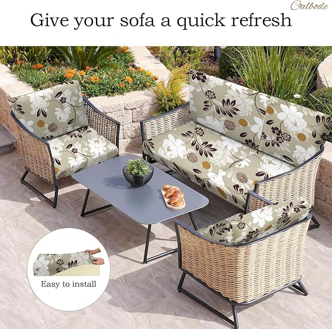 CALBODE 14 Pcs Waterproof Patio Cushion Covers, Floral Printed Stretch Outdoor Sofa Cover for Patio Furniture, Washable Chair Covers Reusable Furniture Protector for Fall Decor (Brown, Cover Only)