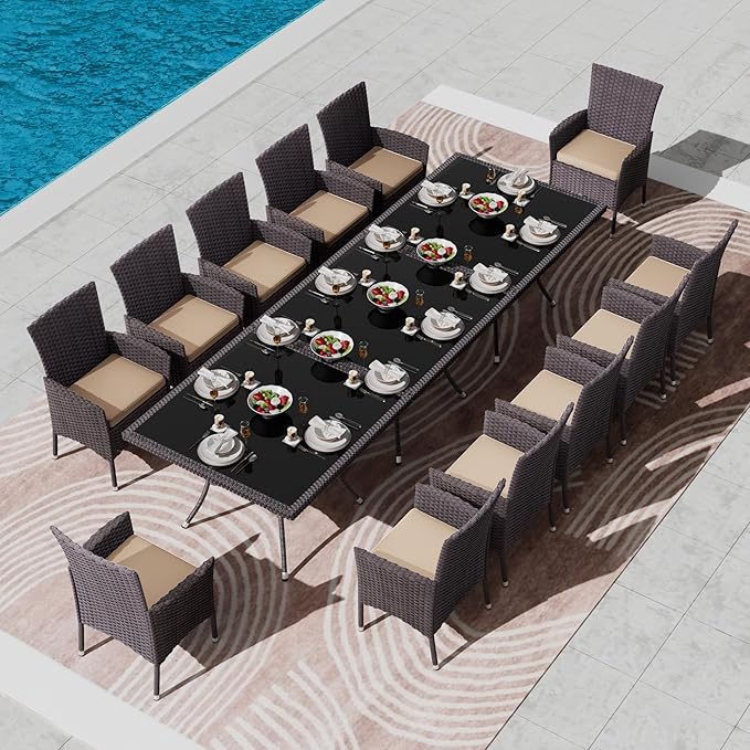 Kullavik 15 Pieces Outdoor Dining Set Patio Rattan Furniture Set,Patio Dining Table and Chairs Set with 12 Chairs and Cushions,Square Glass Tabletop with Umbrella Hole for Patio,Backyard,Sand