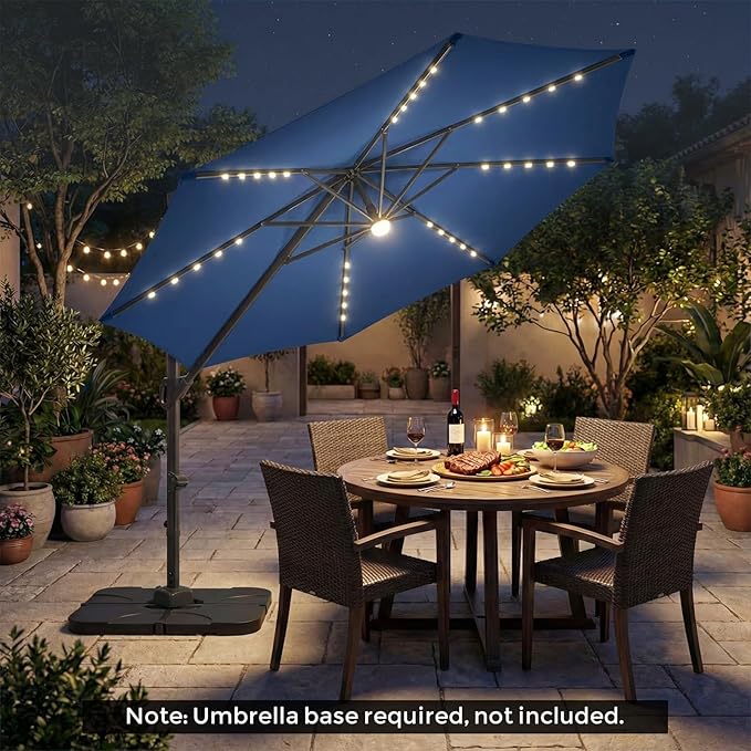 Tangkula 10ft Patio Umbrella with Solar Lights, Offset Cantilever Square Outdoor Umbrella with 35 LED Lights, Aluminum Pole, 360 Degree Rotation, Tilt Adjustment, Air Vent for Pool Deck Yard (Navy)