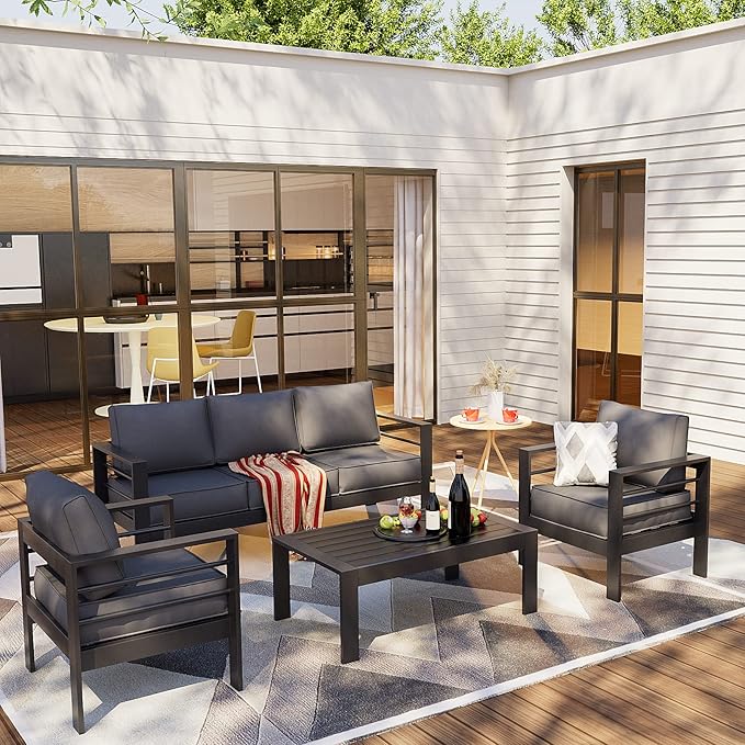 Amopatio Aluminum Patio Furniture Set, 6 Pieces Modern Patio Conversation Sets, Outdoor Sectional Metal Sofa with Coffee Table for Balcony, Garden, Dark Grey (Included Waterproof Covers)
