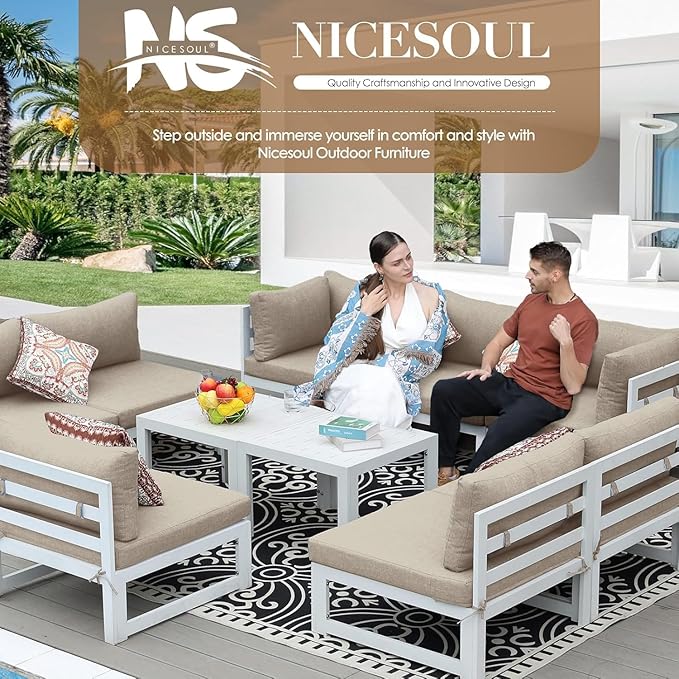 NICESOUL 14 Piece XL Aluminum Patio Sectional Furniture Set with Side Table, 500 lbs Heavy Duty Anti-Rust Outdoor Couch, 29" Extra Deep Wide Seating, High End Conversation Sofa for Poolside, Beige