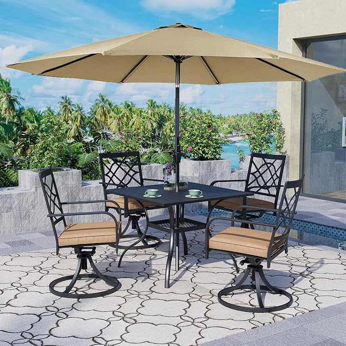 Oakcloud 5-Piece Metal Outdoor Patio Furniture Outdoor Dining Set with Brown Umbrella, 4 Metal Swivel Chairs and Square Dining Table with Umbrella Hole
