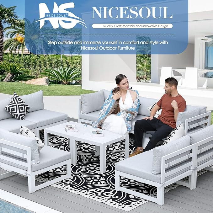 NICESOUL 7 Piece Oversized Modular Aluminum Outdoor Furniture Set, 29" Deep Wide Sectional Seating, 500 lbs High Weight Capacity Water Resistant Patio Conversation Set for Garden Terrace, Light Gray