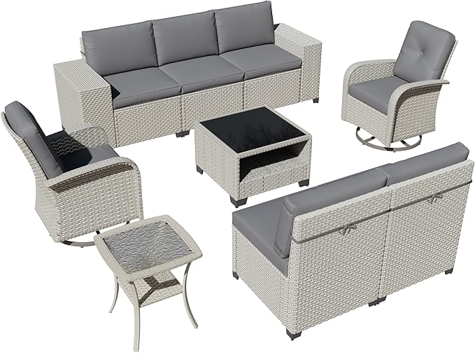 9-Piece Outdoor Patio Furniture Set, Modular Sectional Sofa Set with Swivel Rocker Chairs, Wicker Outdoor Couch Conversation Sets w/Coffee Table and Cushions, Gray