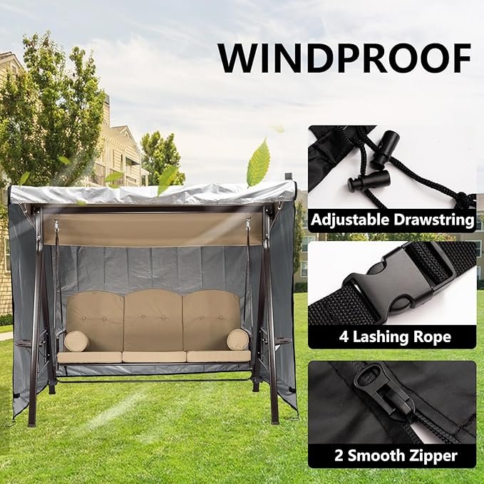 Waterproof Outdoor Swing Cover 3 Triple Seater Garden Patio Proch Swing Cover All Weather Protection 3 Seat Swing Canopy Covers Black (86L x 48D x 67H inches)