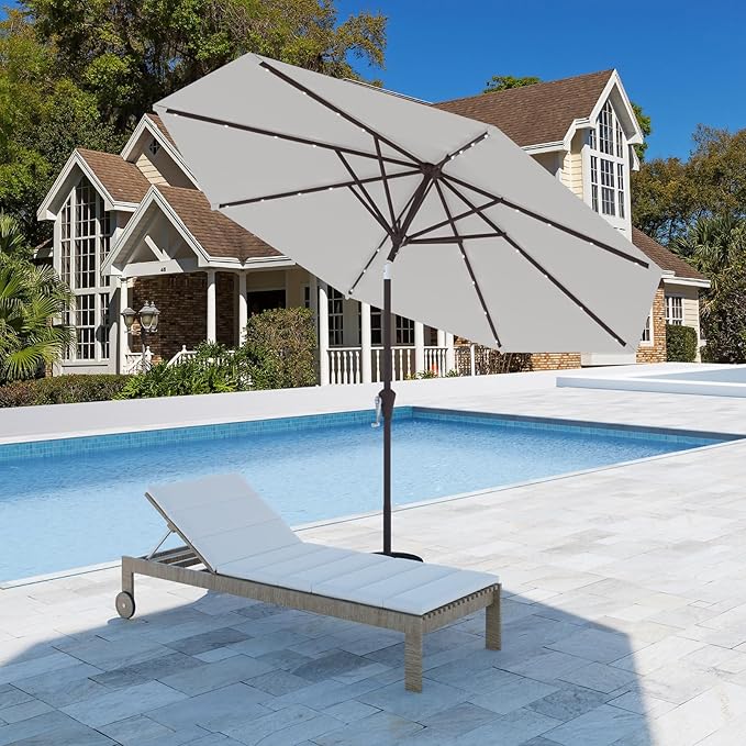 9FT Patio Umbrella with Solar Lights,Outdoor Market Umbrella with Tilt and Crank, LED Lighted Table Umbrella for Garden,Deck,Backyard,Pool,Beach (Light Gray)