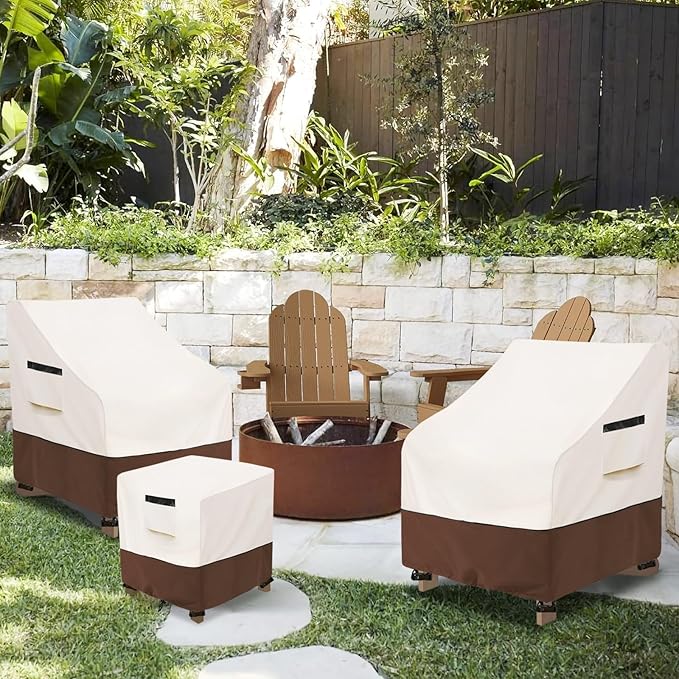 3 Pieces Patio Adirondack Chair Sets Covers,600D Waterproof Heavy Duty Patio Furniture Cover,Includes 2 Outdoor Adirondack Chair Covers and 1 Patio Side Table Cover,Beige&Brown