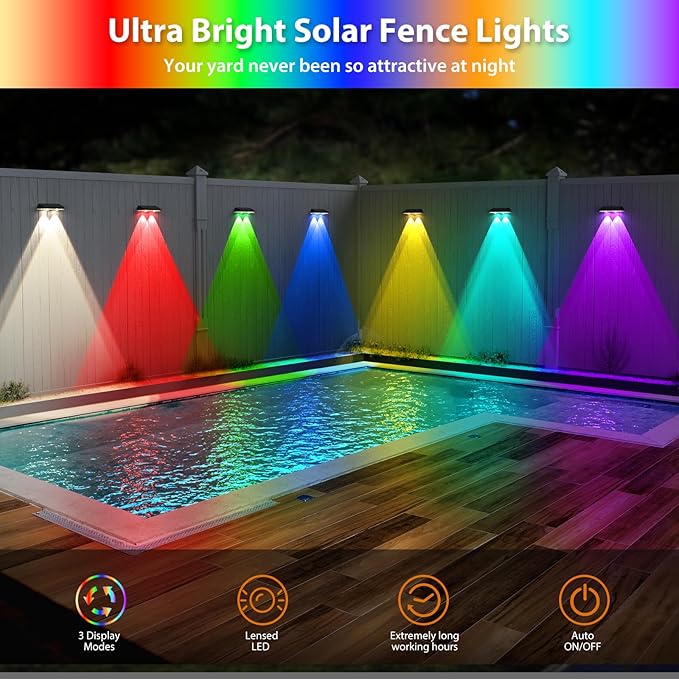 Solar Fence Lights ,RGB & Warm White & 6 Colors Bright Lens LED Dusk to Dawn Deck Light, Fence Solar Lights Outdoor Waterproof, Solar Outdoor Lights for Backyard/Railing/Wall/Step/Patio/Pool (16Pack)
