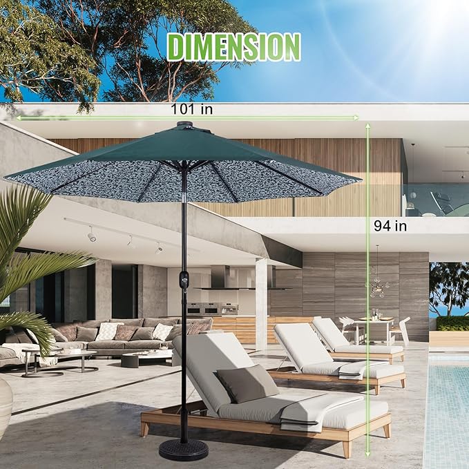 Backyard Expressions 9FT Solar Patio Umbrella with 32 LED Lights, UPF50+ UV Protection, Fade-Resistant Fabric, Easy Tilt & Crank, Outdoor Umbrella for Patio, Deck & Pool (Base Not Included)