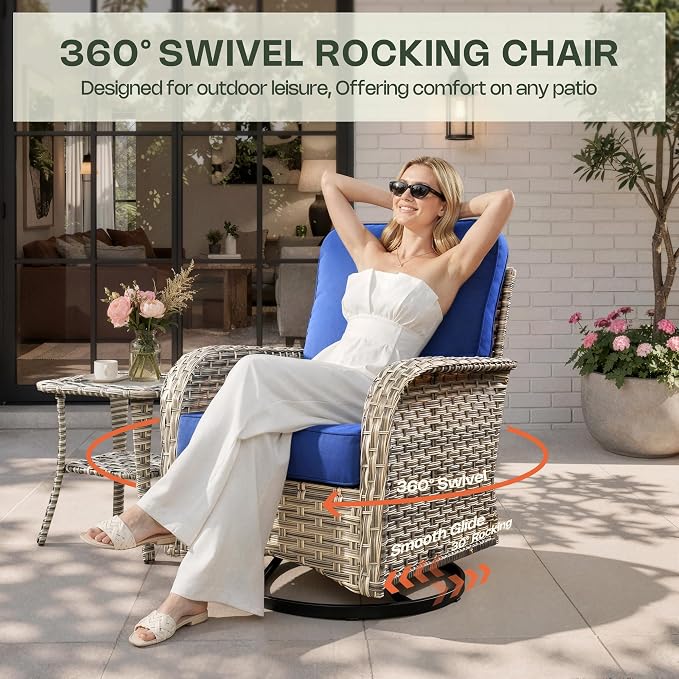 11 Piece Patio Furniture Set Outdoor Sectional with 54" Fire Pit Table, Wicker Swivel Rocking Chairs and L-Shaped Rattan Couch, Modular Conversation Set with Solar Coffee Table for Backyard, Navy Blue