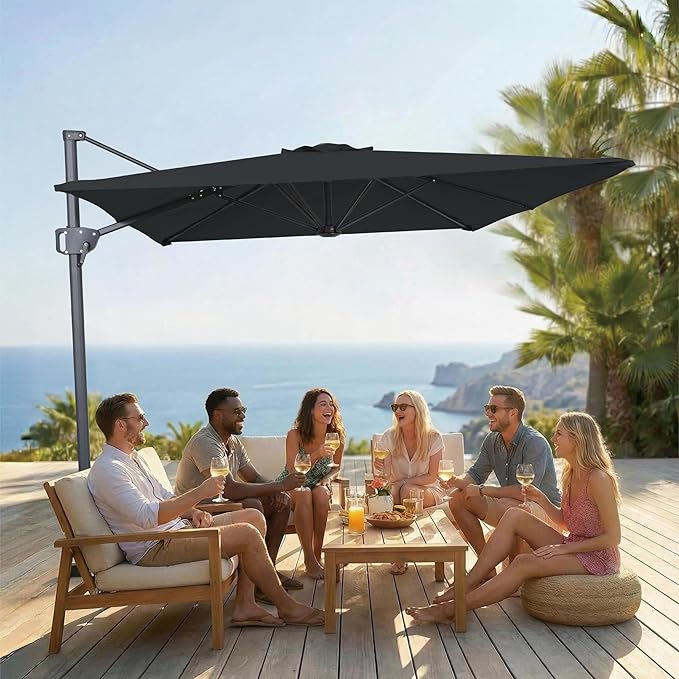 10FT Offset Patio Umbrella, Cantilever Hanging Umbrella with Infinite Tilt, Fade-Resistant Water-Repellent Canopy & Cross Base for Yard, Garden & Deck
