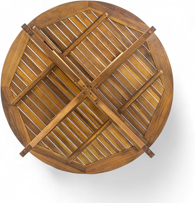 Christopher Knight Home Belas Acacia Wood Patio Dining Set for 4, Solid Wood Outdoor Dining Table Set for 4, Round Dining Table and Chairs Set of 4 with Cushion, Teak+Beige