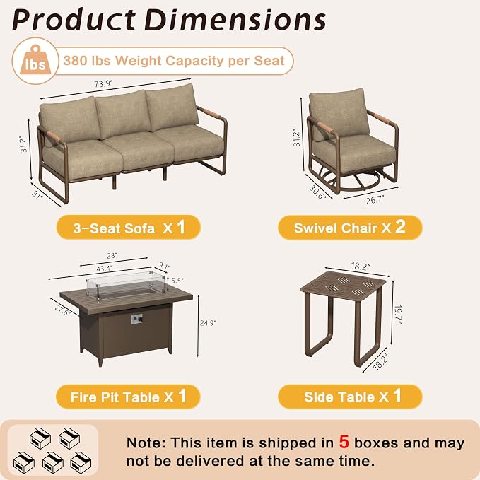 5-Seat Aluminum Patio Conversation Sofa Set with 2 Swivel Rocking Chairs & Oversized Fire Pit Table (Glass Wind Guard), All-Weather for Balcony, Garden, Brown