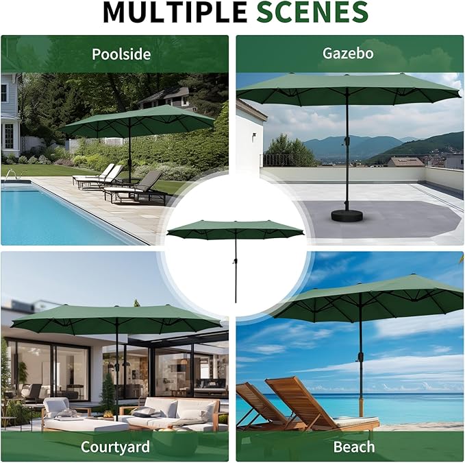 13 ft Patio Umbrella with Base, Large Rectangle Outdoor Umbrella with Matching Stand, Strap, Crank, Green