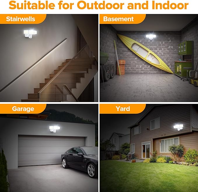 UME Battery Powered Motion Sensor Outdoor Lights 302 LED 1800LM, IP65 Waterproof Battery Operated Flood Lights Outdoor, 3 Heads Security Motion Light with 3 Modes for Garden Patio Yard, 2 Pack (White)