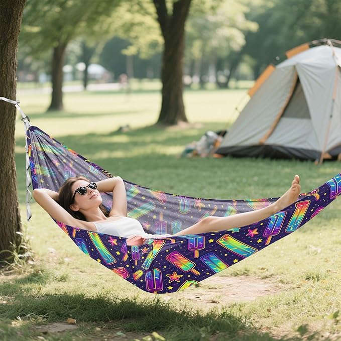 Camping Hammock Outdoor Hammocks for Outside Ice Pop Neon Beach Trees Portable Lightweight with Pockets Tree Straps Indoor