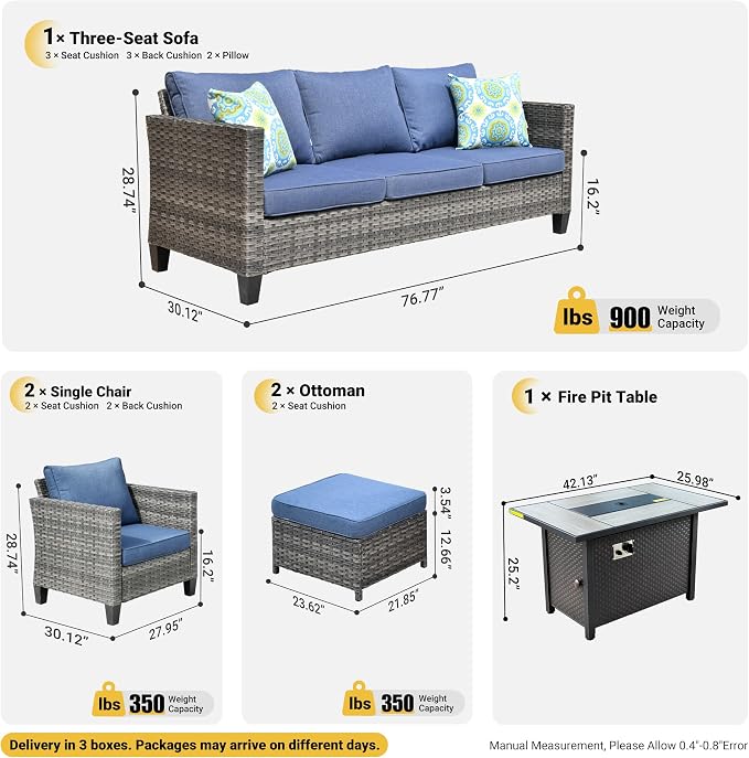 ovios 6 Pieces Patio Furniture Set with Fire Pit Table, Outdoor Wicker 3-Seat Sofa with Comfy Cushion, High Back Rattan Conversation Set for Deck Porch, Denim Blue