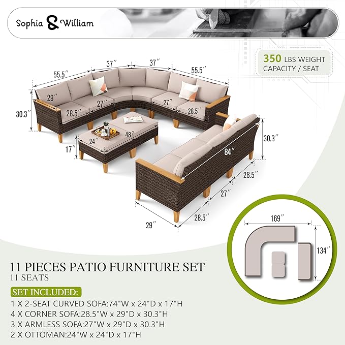 Sophia & William Outdoor Wicker Sectional Sofa Set, Half Moon Curved Patio Furniture Set with Ottman, High Back Patio Rattan Conversation Set for Porch, Garden,Pool(Beige, 11 Piece)