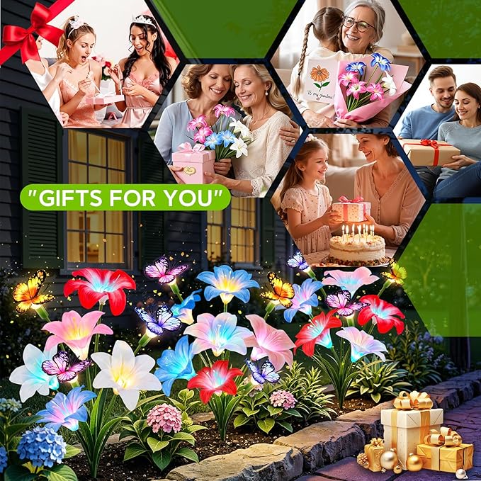 Solar Garden Lights Outdoor, 8 Pack Lily Solar Flowers with Butterfly, 64 LED 800mAh Waterproof Solar Flowers for Outside, 7 Color Changing Adjustable Stems for Yard Patio Garden Decor, Gift for Mom