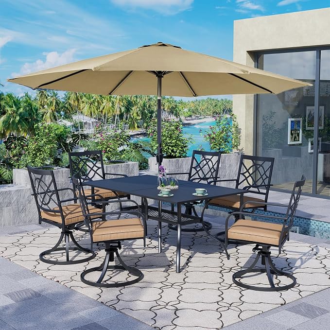 Crownland 7 PCS Furniture Patio Dining Set, 6 Swivel Metal Chairs and Rectangular Outdoor Dining Table with Khaki 9FT Round Outdoor Umbrella (Metal Tabletop)
