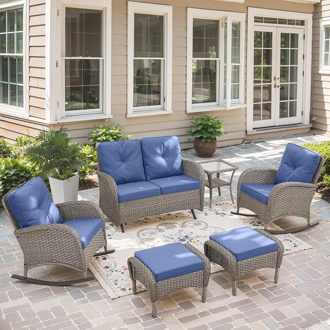 Belord 5 Piece Outdoor Conversation Patio Furniture Set - All-Weather Wicker Patio Rocking Chairs with Loveseat Glider Chair and Coffee Table for Patio Deck Porch Backyard Gray Wicker Blue Cushion