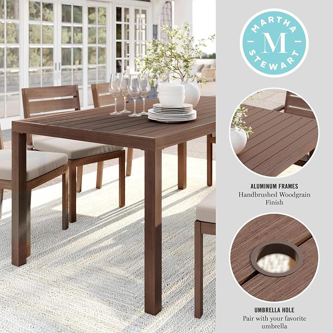 Martha Stewart Bedford 71" Indoor-Outdoor Aluminum Patio Table with Umbrella Hole and Brushed Woodgrain Finish in Brown