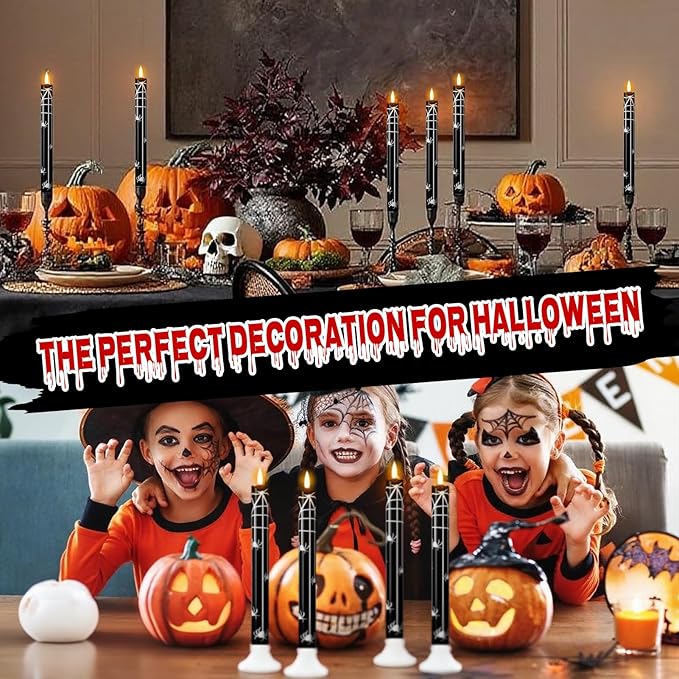 Eldnacele Halloween Flameless Flickering Taper Candles with Remote and Timer, Battery Operated Spider Web Decal Real Wax Black LED Window Candles Set of 4 Table Centerpiece Horror Halloween Decor