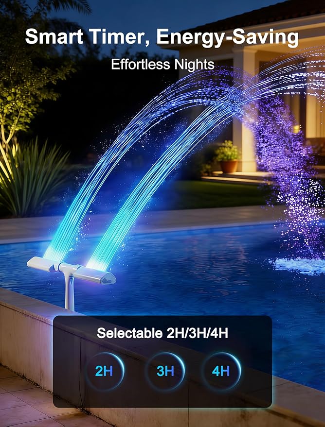 POOLHOUR Pool Fountain with 10 Colors Rainbow Lights for Above Ground/Inground Pools, Dual-Head Adjustable Pool Waterfall & Pool Sprinkler with Timer, 5000mAh Battery, Remote-Controlled, Grey