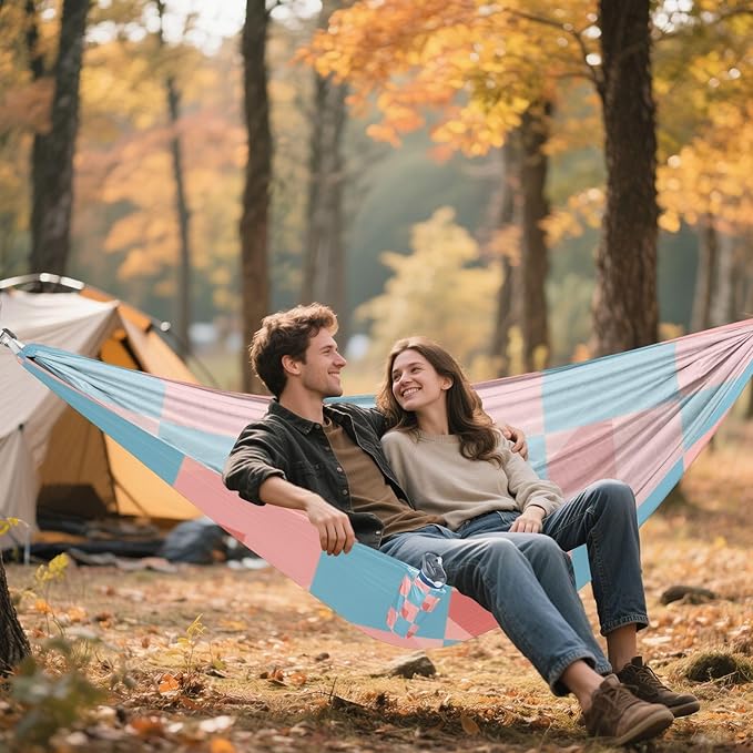 Light Blue and Blush Checkered Pattern 330lb Capacity Outdoor Hammock with Tree Straps Indoor Hammock for Outside Camping Essentials sillas para acampar