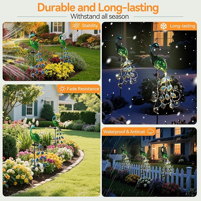 Solar Peacock Garden Stake Lights Outdoor, Waterproof Metal Glass Decorative Landscape Path Lights with Thick Stake Glow in The Dark Eye for Pathway Patio Lawn Yard