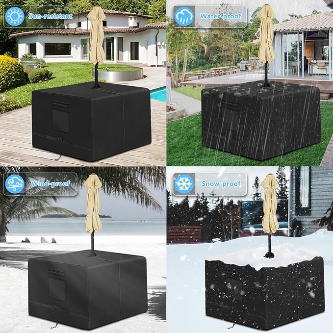SIRUITON Square Patio Table Cover with Umbrella Hole 60"L x 60"W x 23.6"H (COVER SIZE,NOT TABLE SIZE) Heavy Duty 600D Oxford Fabric Outdoor Waterproof Lawn Patio Furniture Covers