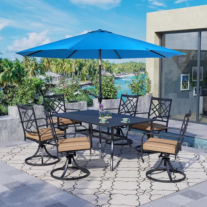 Crownland 7 PCS Furniture Patio Dining Set, 6 Swivel Metal Chairs and Rectangular Outdoor Dining Table with Sky Blue 9FT Round Outdoor Umbrella (Metal Tabletop)