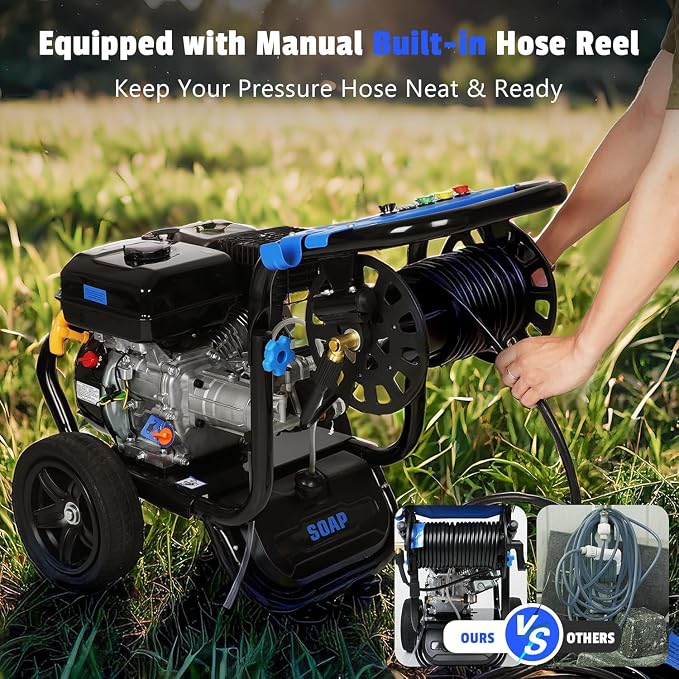 3600PSI Gas Powered Pressure Washer, 212CC/2.3GPM/7HP/4-Stroke Portable Gas Power Washer with 5 Quick Connect Nozzles, 30FT Hose with Reel, Soap Tank, Gas Pressure Washer for Car Driveway Paint Prep