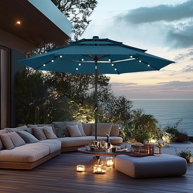 PHI VILLA 10ft Patio Umbrella with Light, Outdoor Large Auto-Tilt 3 Tier Market Table Umbrellas with 8 Sturdy Ribs and 1.5" Pole for Lawn Poolside Garden Terrace, Cyan