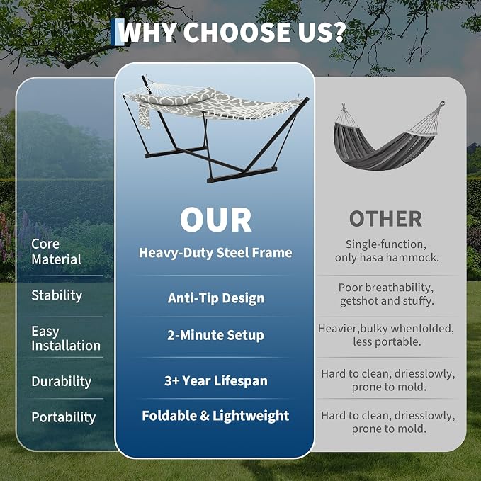 IDEALHOUSE Double Hammock with Stand, 2 Person Outdoor Hammock, 450 Lb Capacity, Pillow Included, 12 ft Stand for Patio, Backyard, Poolside, Light Gray