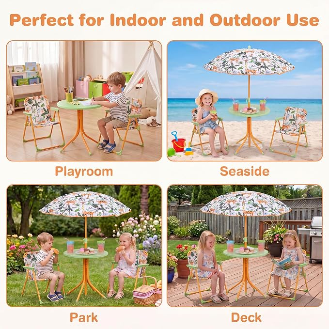 KOTEK Kids Picnic Table with Umbrella, Outdoor Table & 2 Folding Chairs, Cute Pattern Children’s Patio Furniture, Portable Kids Table and Chair Set for Backyard, Garden, Beach (Yellow Tiger)