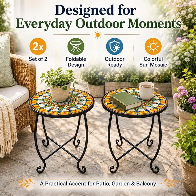 Set of 2 Mosaic Outdoor Side Tables Round, 15 Inch Height - Small Patio Table Set, Foldable Sun Pattern Metal Plant Stands for Garden, Balcony & Yard (Mosaic Sun, 2 Pack)