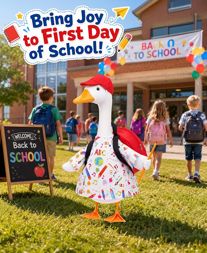 Back to School Porch Goose Outfits, First Day of School Lawn Goose Outfit Set with Dress Hat Schoolbag Pencil Goose Costume for School Classroom Outdoor Porch Garden Patio Yard Lawn Decor