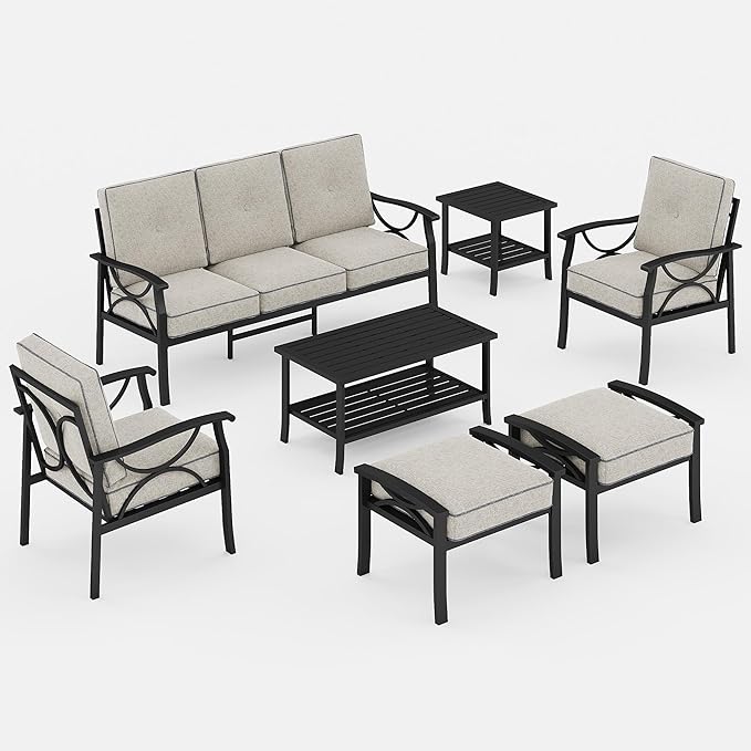 RoyalCraft 7-Pieces Outdoor Patio Furniture Set, Outdoor Metal Sectional Furniture with Cushions, Outdoor Conversation Seating Set with Coffee Table for Balcony, Backyard, Garden, Deck, Black