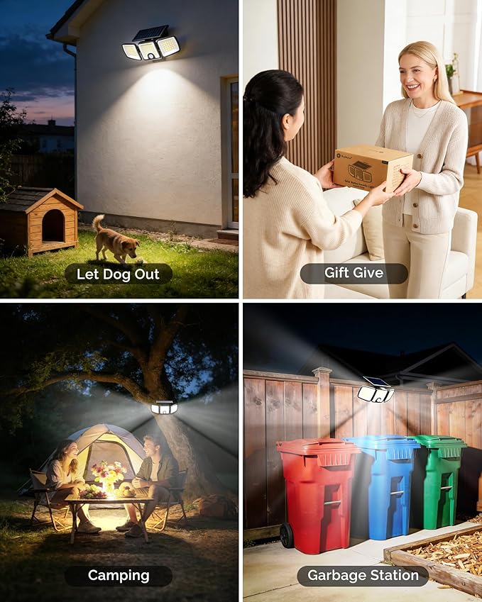 Brightown 1 Pack Solar Outdoor Lights with Motion Sensor, 223 LED 3 Head 270° Wide Angle Street Area Security Lights with Remote, IP65 Waterproof Flood Wall Lights with 3 Modes for Yard Outside