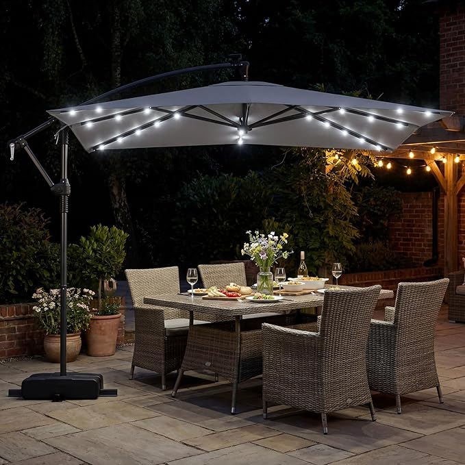 Tangkula 8x8 FT Solar Patio Umbrella with Base Included, Square Offset Cantilever Outdoor Umbrella with 360 Degree Rotation, 32 LED Lights, Crank Handle, 2 Sandbags, 8 Ribs, Air Vent for Pool Deck Garden Backyard