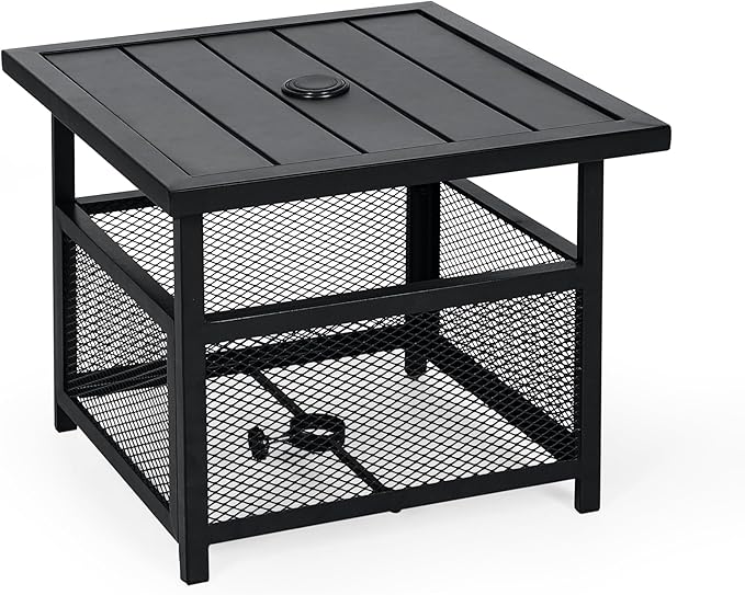 Outdoor Patio Umbrella Side Table Stand, Outdoor Bistro Square Steel Table with 1.57'' Umbrella Hole for Deck Garden Pool Backyard, Black