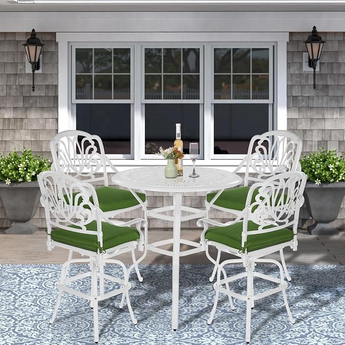 VIVIJASON 35.4" Patio Height Bar Table, All-Weather Cast Aluminum Bar Bistro Table Outdoor Patio Round Dining Table with Umbrella Hole for Balcony, Lawn, Garden, Backyard, White