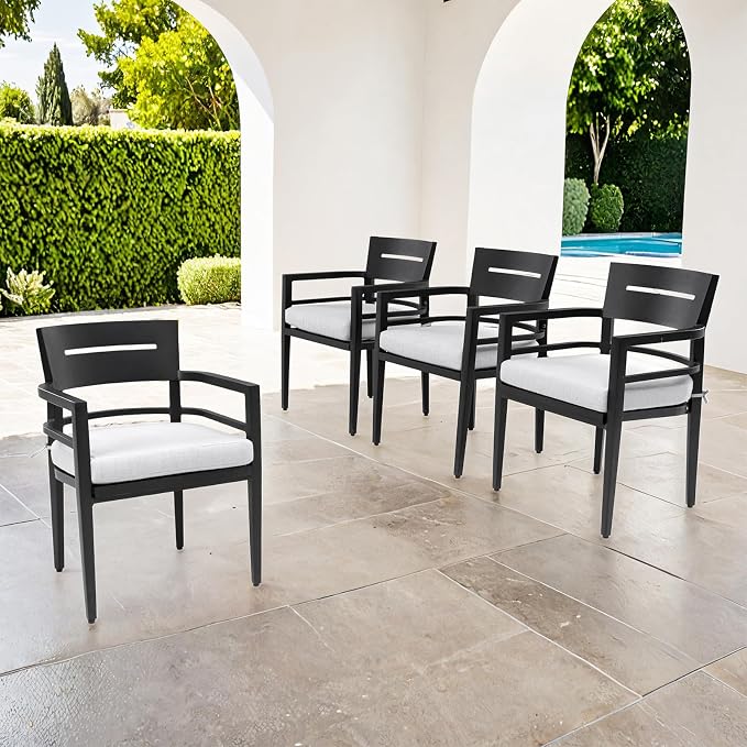 Modern Outdoor Dining Chairs Patio Aluminum Stationary Chair 4PCS with Outdoor-Grade Sunbrella Fabric Cushions, Tapered Feet, Ember Black