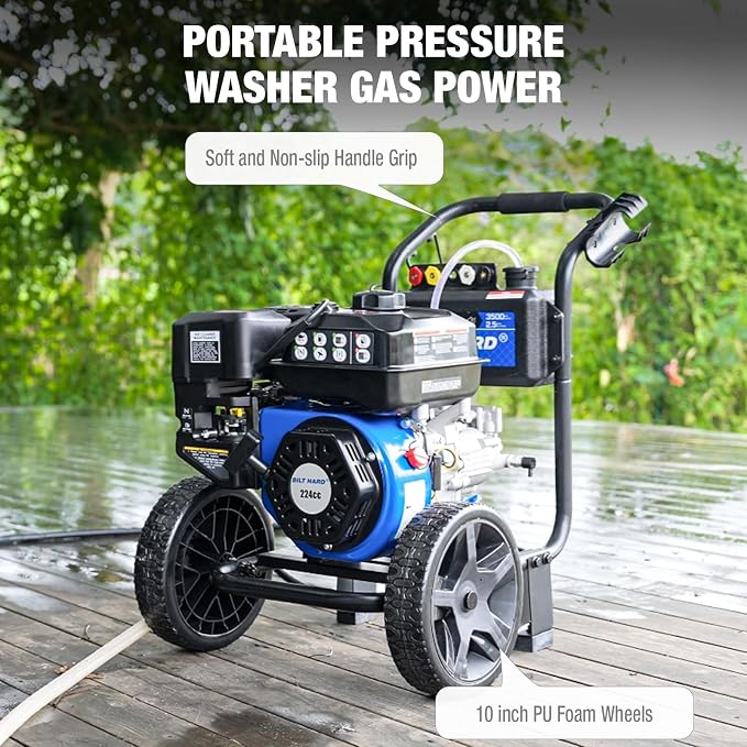 BILTHARD 3500 PSI Gas Pressure Washer, 2.5 GPM Heavy Duty Power Washer with 224cc 4 Cycle Engine, Spray Gun and Wand, 5 Quick Connect Nozzle Tips, 3/5 Inch x 25 Foot Hose, 49 State Compliant