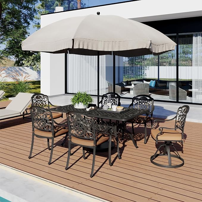 GarveeLife Cast Aluminum Outdoor Dining Table, 59 in Patio Dining Table with 2 in Umbrella Hole and Adjustable Foot Pads for Garden, Backyard, Deck, Dark Bronze