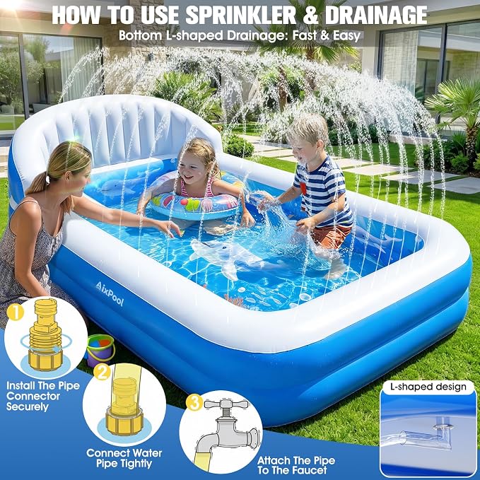2026 Inflatable Pool with Sprinkler,Durable Blow up Pool with Big Backrest, Rectangle Kid Pool Backyard,Children Swimming Pool,Small Inflatable Kiddie Pool,Outdoor Water Pool for Kid68×38×22IN