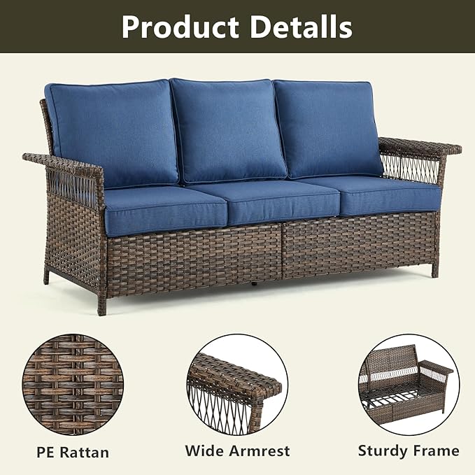 Wicker Outdoor Patio Furniture Set - 6 Piece Rattan Patio Conversation Sets with 2 Swivel Rocking Chairs,2 Ottomans,1 Sofa and 1 Coffee Table for Porch Deck Garden(Brown/Blue)