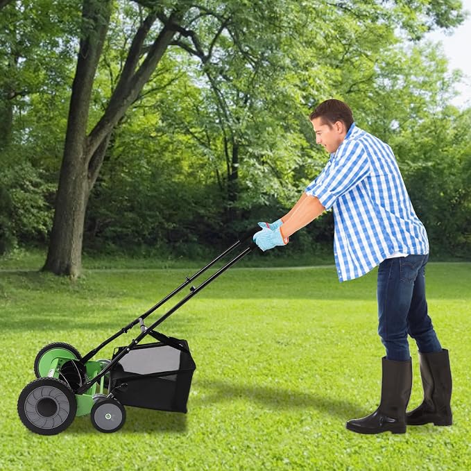 20 Inch Manual Lawn Mower, 5-Blade Reel Lawn Mower with Grass Catcher, Adjustable Cutting Height Lawn Mowers, Push Lawn Sweeper for Lawn Yard Garden Bush