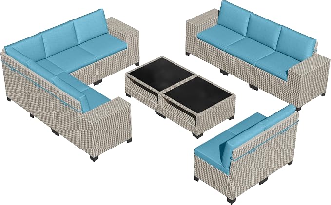 12-Piece Outdoor Patio Furniture Set, Modular Sectional Sofa Set with Glass Coffee Table and Cushions, Wicker Outdoor Couch Conversation Sets, Turquoise